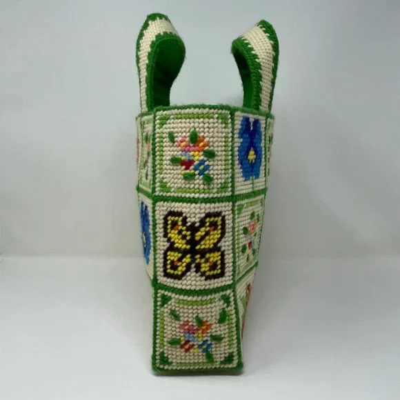 Vintage Rare Design Nature Handmade Needle Point Purse, Cream Green - Picture 5 of 10